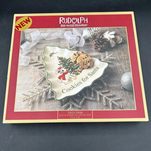 Spode Christmas Tree Rudolph Reindeer Cookies For Santa Tree Shaped Dish - Picture 1 of 2